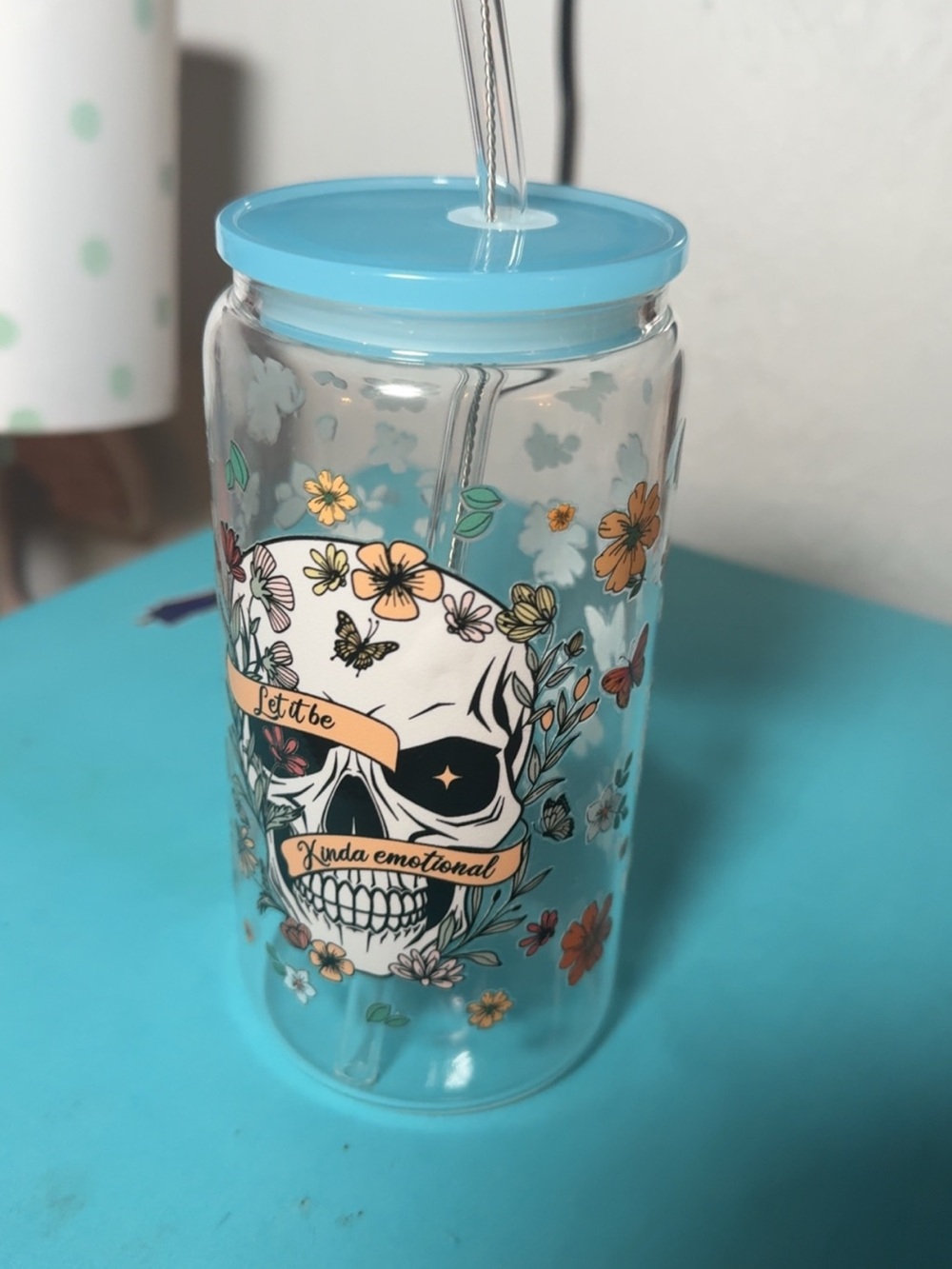 Blue Floral Skull Tumbler with Straw - Let It Be Design